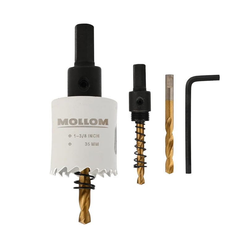 Mollom منشار ثقب ثنائي المعدن HSS M42 بقطر 35 مم | 1-3/8" مع 8% كوبالت مع 2 بت حفر وعمود لتقطيع سلس للـ PVC، الجبس، الخشب، البلاستيك، لوح الجبس، المطاط - Image 1